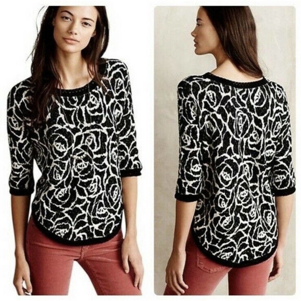 Moth Anthropologie Black White Halfeti Rose Floral Sweater Wool Womens Medium